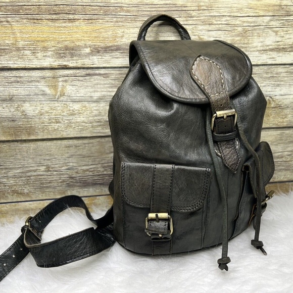 Vntg Artisan Gray Genuine Leather Drawstring Small Backpack - Picture 12 of 12